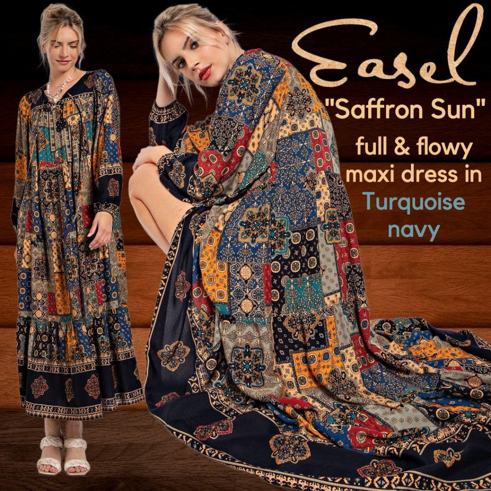 EASEL "Saffron Sun" Bohemian Patchwork Print Maxi Dress Loose Flowy Lightweight